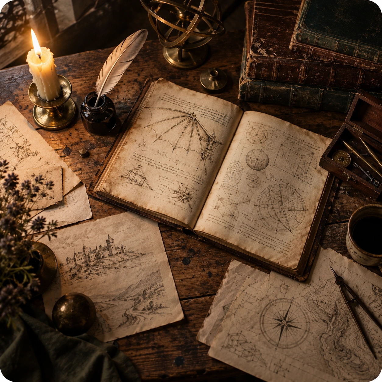 A candlelit desk with an open illustrated manuscript, quill, books, and maps